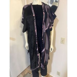 Vintage Tienda Ho Boho Womens OS Duster Black Purple Jacquard Short Sleeves